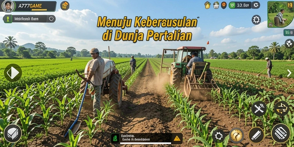 Tampilan gameplay A777GAME dengan ladang yang subur dan aktivitas bertani.