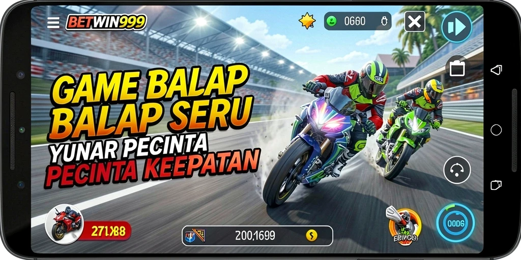 Screenshot utama BETWIN999 menampilkan balapan penuh aksi dengan mobil-mobil cepat.