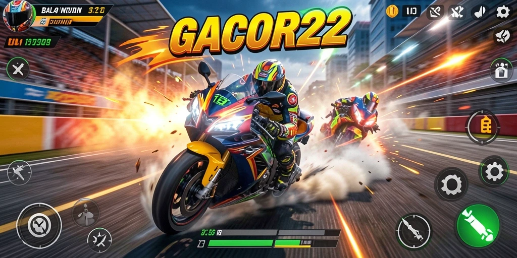 Screenshot gameplay GACOR22 menampilkan aksi balapan motor yang seru.
