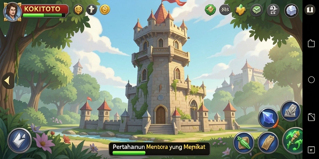 Screenshot gameplay KOKITOTO menunjukkan pertahanan menara yang strategis dan menarik.