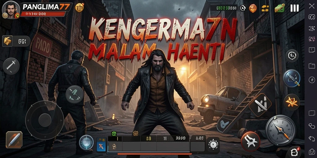 Screenshot utama gameplay PANGLIMA77 dengan suasana menakutkan.