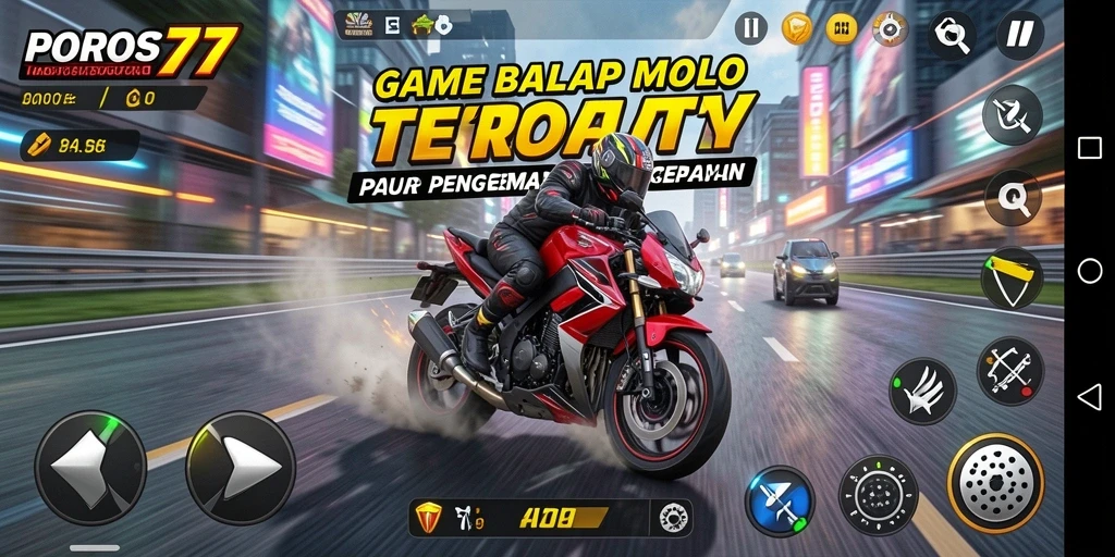 Tampilan gameplay seru dari balapan motor POROS77 yang mendebarkan.