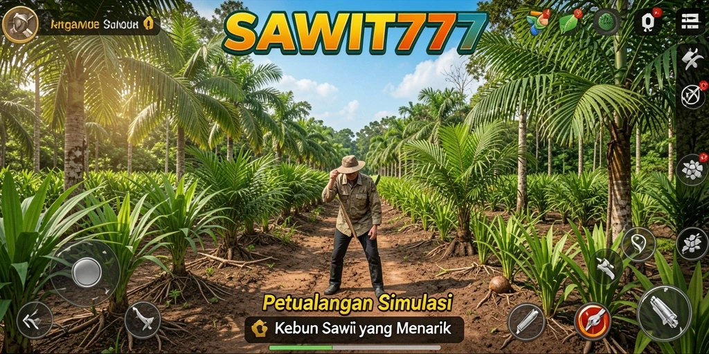 Tangkapan layar gameplay SAWIT777 yang menunjukkan kebun sawit yang berkembang.